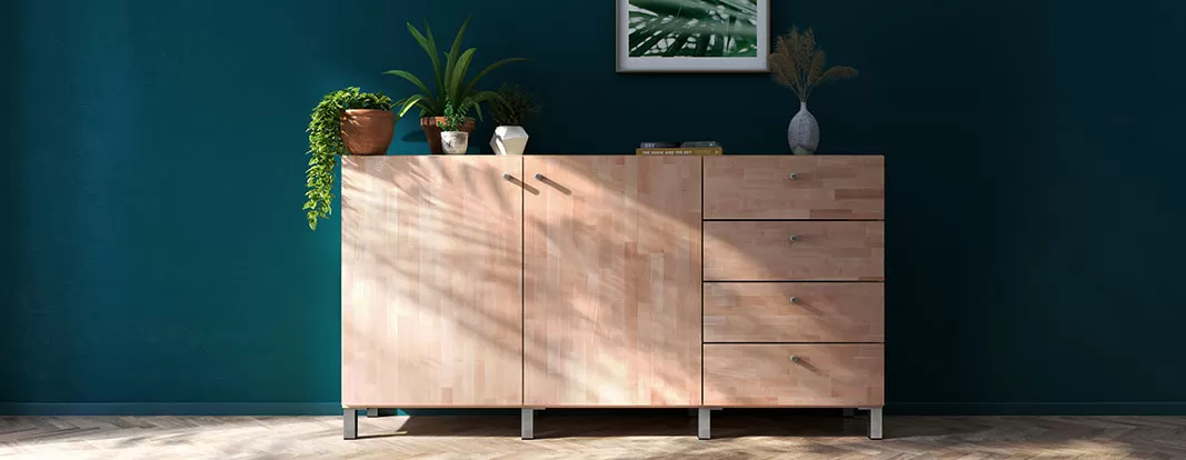 Sideboard with solid wood front in oak, continuous laminate