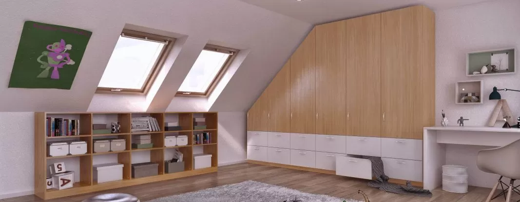 Aménager une pente de toit avec une étagère et une armoire adaptées sur mesure