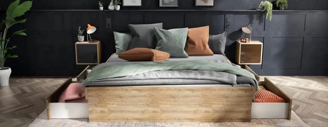 Cama Halina en decoración de roble country